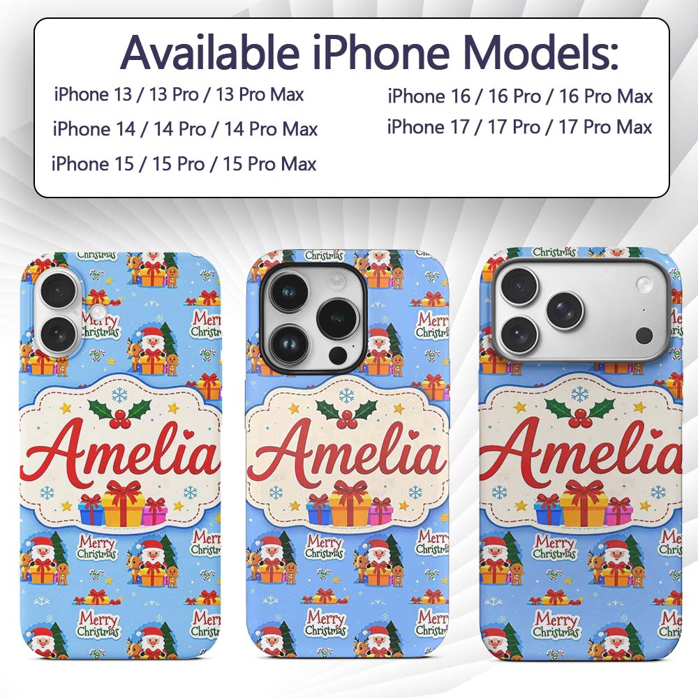 Cute Santa Reindeer Gingerbread Merry Christmas Custom Name Protective Phone Case Mobile Cover Durable Everyday Smartphone Shock Resistant