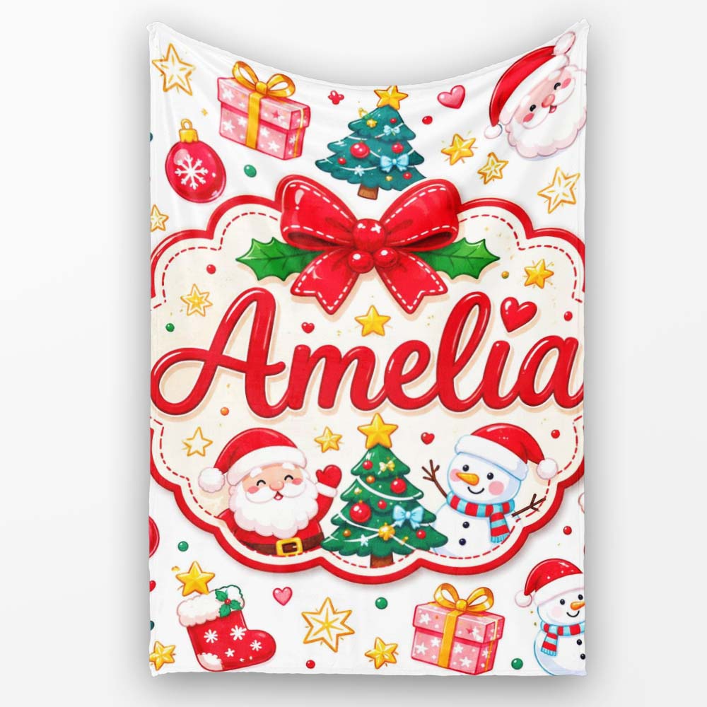 Cute Christmas Tree Snowman Gift Box Ornament Seamless Pattern  Personalised Custom Name Super Soft Fleece Blanket Bed Sofa Throw