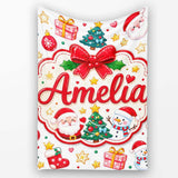Cute Christmas Tree Snowman Gift Box Ornament Seamless Pattern  Personalised Custom Name Super Soft Fleece Blanket Bed Sofa Throw