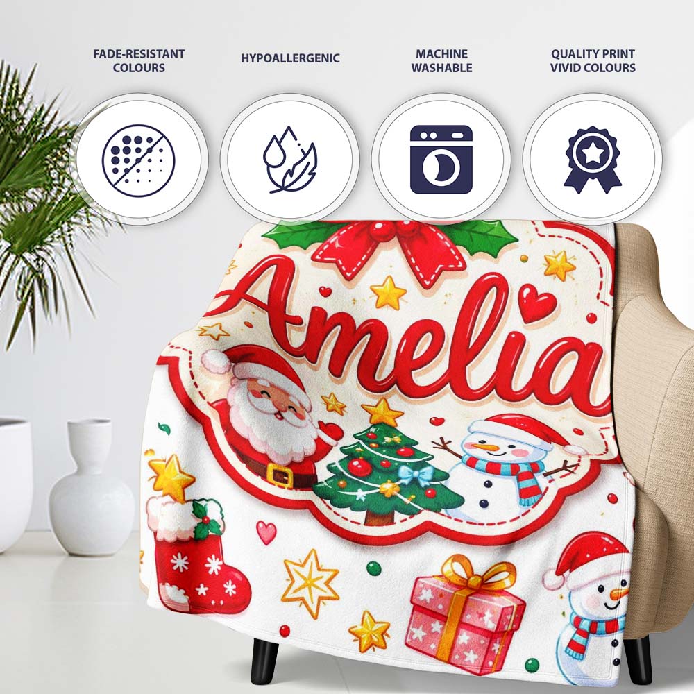 Cute Christmas Tree Snowman Gift Box Ornament Seamless Pattern  Personalised Custom Name Super Soft Fleece Blanket Bed Sofa Throw