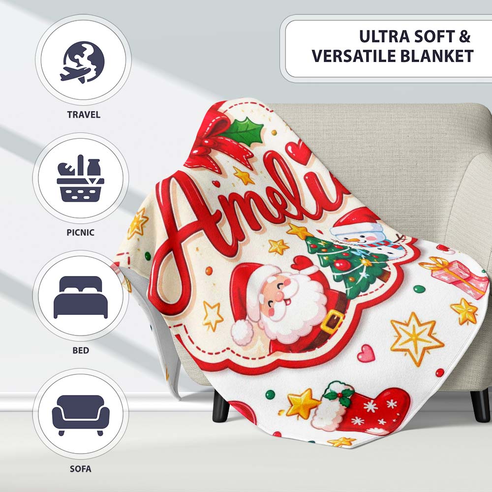 Cute Christmas Tree Snowman Gift Box Ornament Seamless Pattern  Personalised Custom Name Super Soft Fleece Blanket Bed Sofa Throw