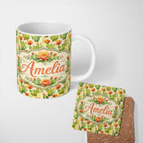 Personalized Custom Name Warm Desert Cactus Orange Blossoms Watercolor Seamless Pattern 11oz Ceramic Coffee Tea Mug White Large Handle