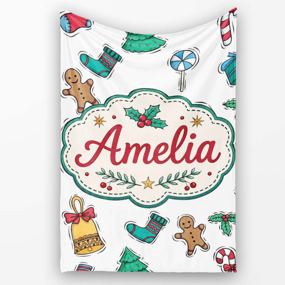 Cute Gingerbread Cookie Ornament Tree Bell Seamless Pattern Lovely  Personalised Custom Name Super Soft Fleece Blanket Bed Sofa Throw