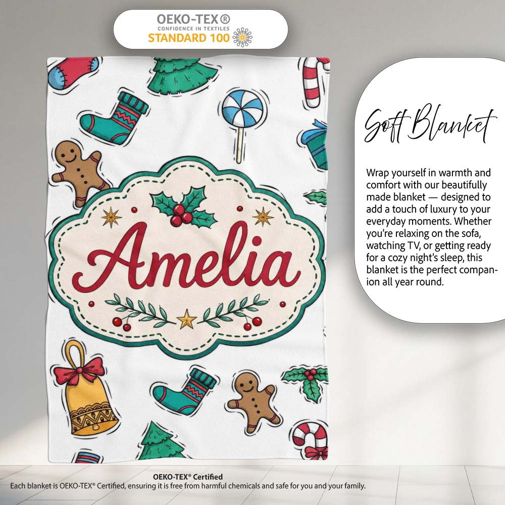 Cute Gingerbread Cookie Ornament Tree Bell Seamless Pattern Lovely  Personalised Custom Name Super Soft Fleece Blanket Bed Sofa Throw