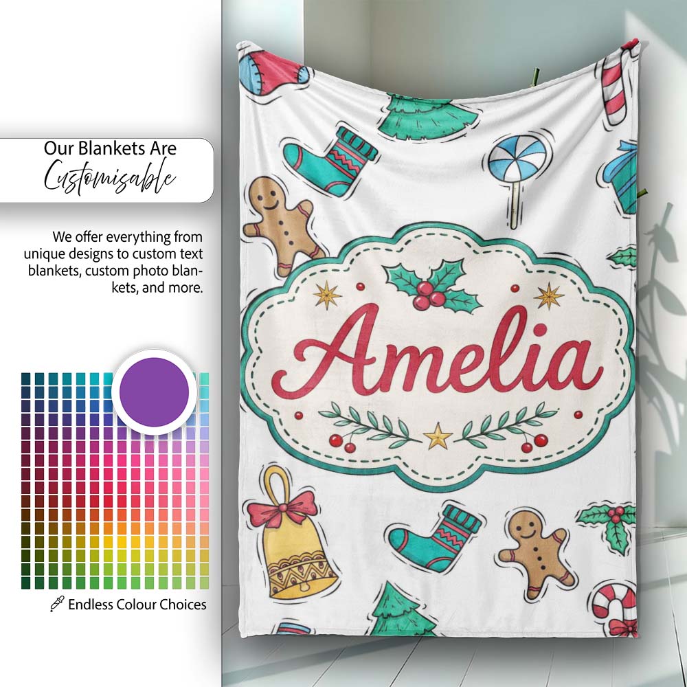 Cute Gingerbread Cookie Ornament Tree Bell Seamless Pattern Lovely  Personalised Custom Name Super Soft Fleece Blanket Bed Sofa Throw