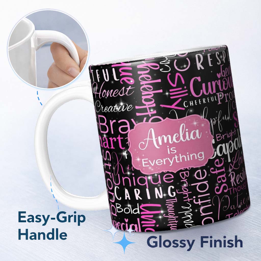 Personalized Custom Name Neon Pink Sparkle Typography Black Motivational Word Pattern Lovely 11oz Ceramic Coffee Tea Mug White Large Handle