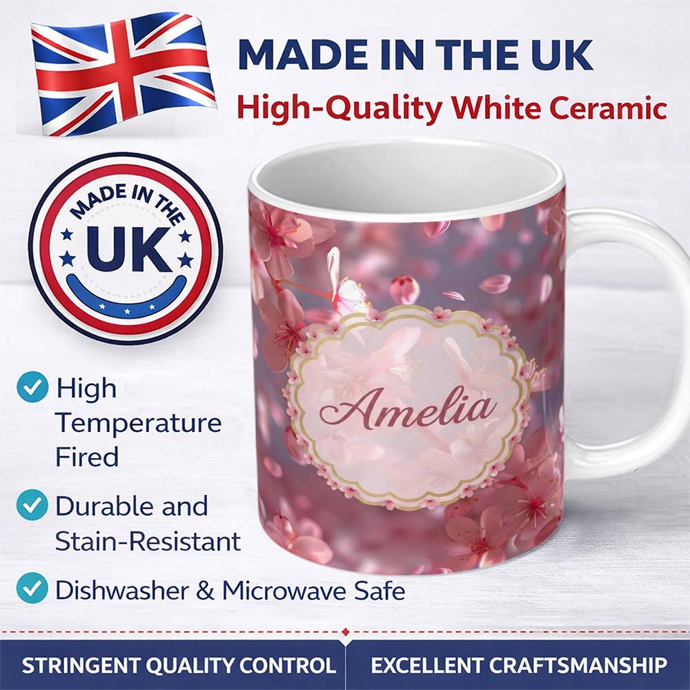 Personalized Custom Name Soft Pink Cherry Blossom Petals Floating in Air Pattern Romantic 11oz Ceramic Coffee Tea Mug White Large Handle