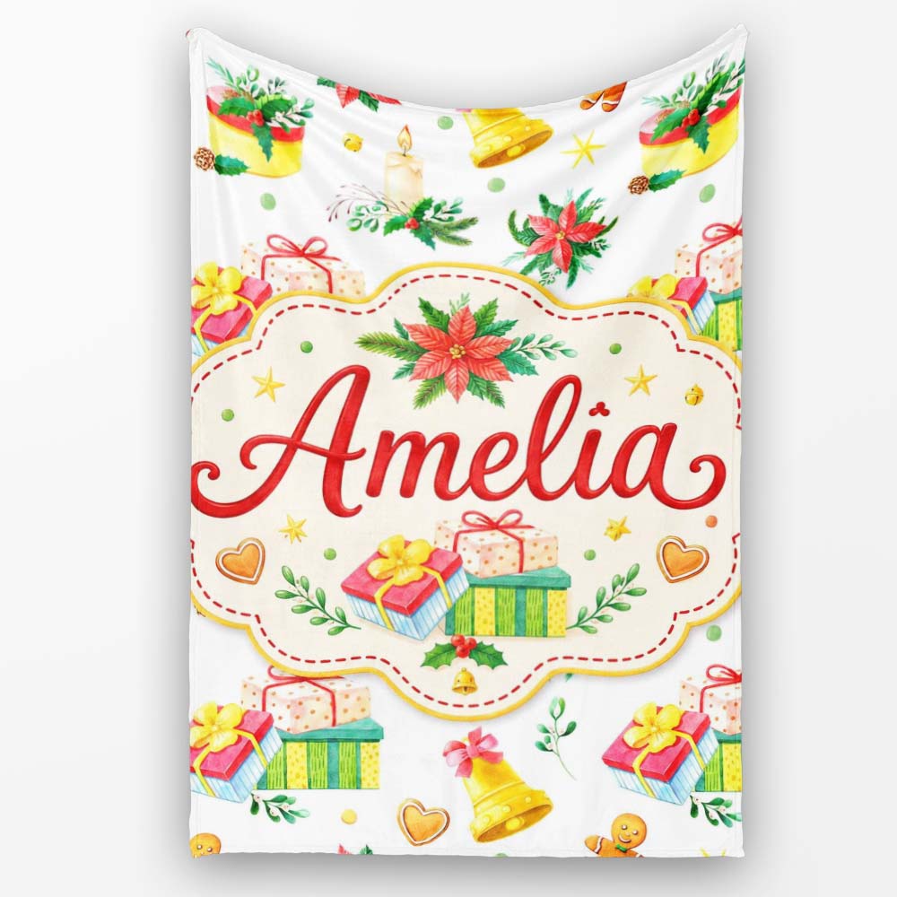 Watercolor Christmas Gift Candle Poinsettia Bell Seamless Pattern  Personalised Custom Name Super Soft Fleece Blanket Bed Sofa Throw