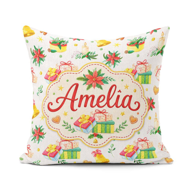 Custom Name Watercolor Christmas Candle Poinsettia Bell Seamless Square Filled Cushion Throw Pillow Sofa Bed Home Decor Zip Washable UK Made