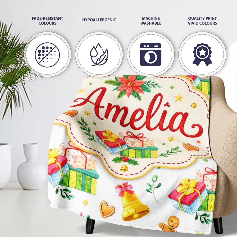Watercolor Christmas Gift Candle Poinsettia Bell Seamless Pattern  Personalised Custom Name Super Soft Fleece Blanket Bed Sofa Throw