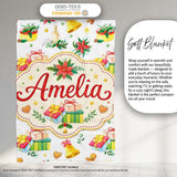 Watercolor Christmas Gift Candle Poinsettia Bell Seamless Pattern  Personalised Custom Name Super Soft Fleece Blanket Bed Sofa Throw