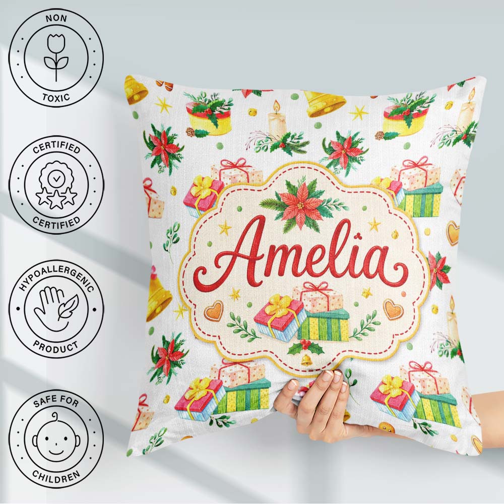 Custom Name Watercolor Christmas Candle Poinsettia Bell Seamless Square Filled Cushion Throw Pillow Sofa Bed Home Decor Zip Washable UK Made