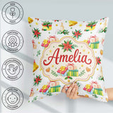 Custom Name Watercolor Christmas Candle Poinsettia Bell Seamless Square Filled Cushion Throw Pillow Sofa Bed Home Decor Zip Washable UK Made