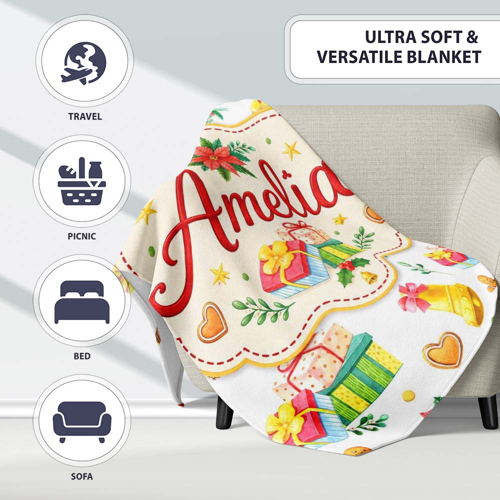 Watercolor Christmas Gift Candle Poinsettia Bell Seamless Pattern  Personalised Custom Name Super Soft Fleece Blanket Bed Sofa Throw