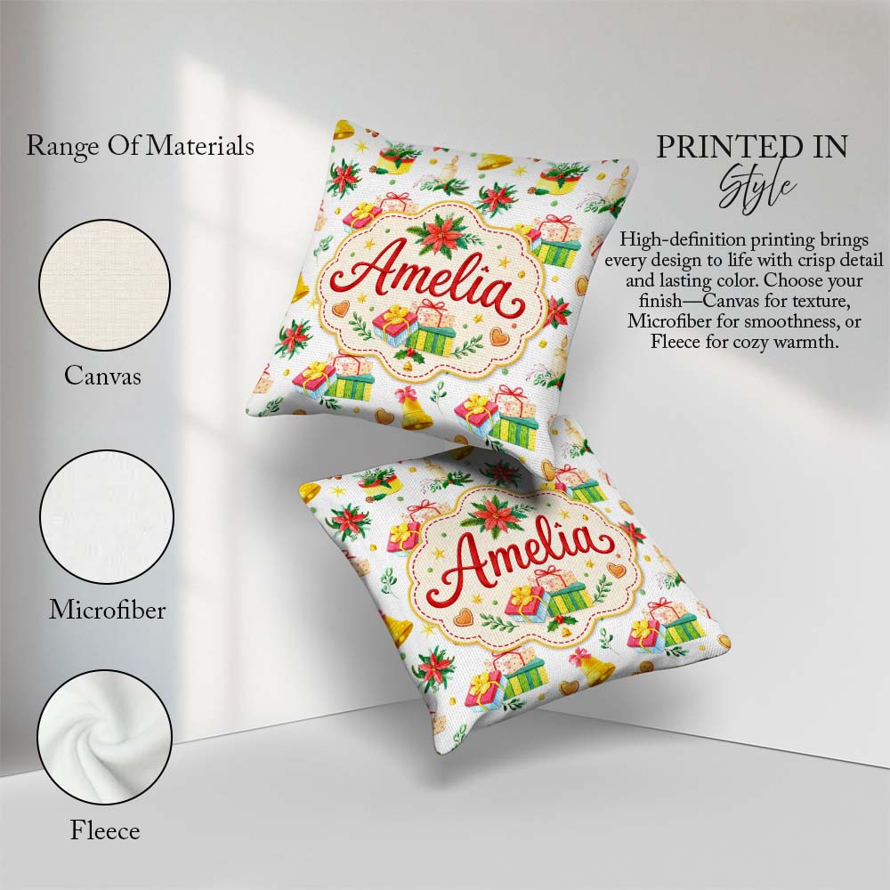 Custom Name Watercolor Christmas Candle Poinsettia Bell Seamless Square Filled Cushion Throw Pillow Sofa Bed Home Decor Zip Washable UK Made