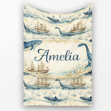 Watercolour Whale Seamless Pattern Soft Ocean Marine Animal Design  Personalised Custom Name Super Soft Fleece Blanket Bed Sofa Throw