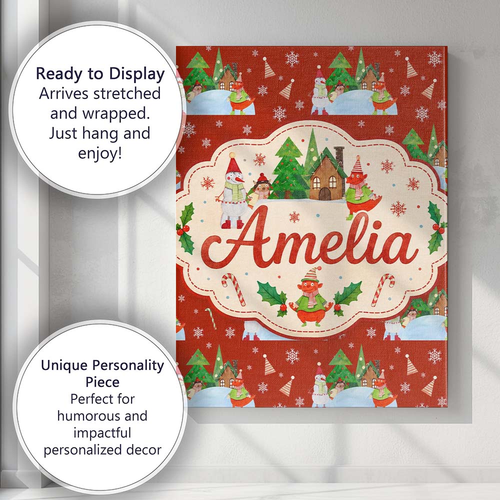 Personalised Name Cute Snowman Winter Custom Modern Room Accent Creative Decorator Style Canvas Wall Art Print Decor Picture Ready to Hang