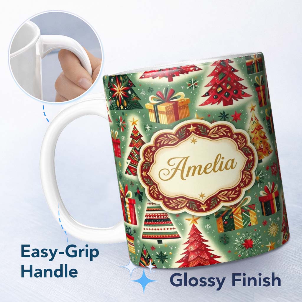 Personalized Custom Name Colorful Christmas Trees Gifts Snowflakes Festive Seamless Pattern 11oz Ceramic Coffee Tea Mug White Large Handle