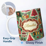 Personalized Custom Name Colorful Christmas Trees Gifts Snowflakes Festive Seamless Pattern 11oz Ceramic Coffee Tea Mug White Large Handle