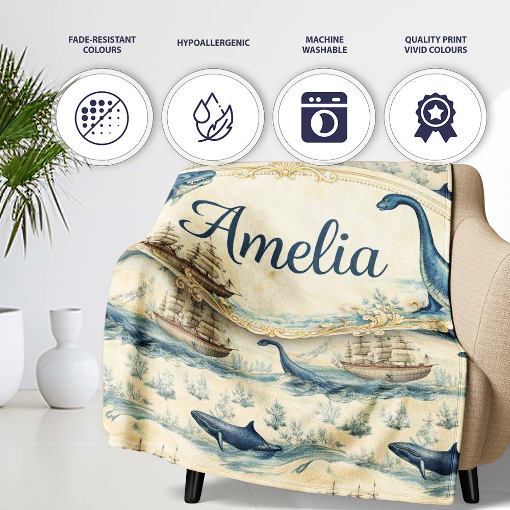 Watercolour Whale Seamless Pattern Soft Ocean Marine Animal Design  Personalised Custom Name Super Soft Fleece Blanket Bed Sofa Throw