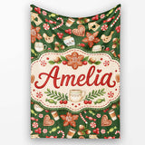 Watercolor Christmas Coffee Cookie Candy Cane Seamless Pattern  Personalised Custom Name Super Soft Fleece Blanket Bed Sofa Throw