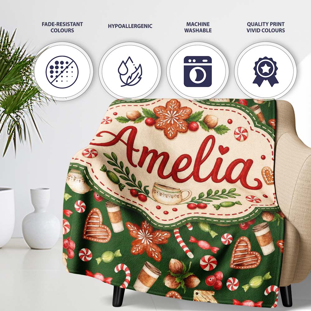 Watercolor Christmas Coffee Cookie Candy Cane Seamless Pattern  Personalised Custom Name Super Soft Fleece Blanket Bed Sofa Throw