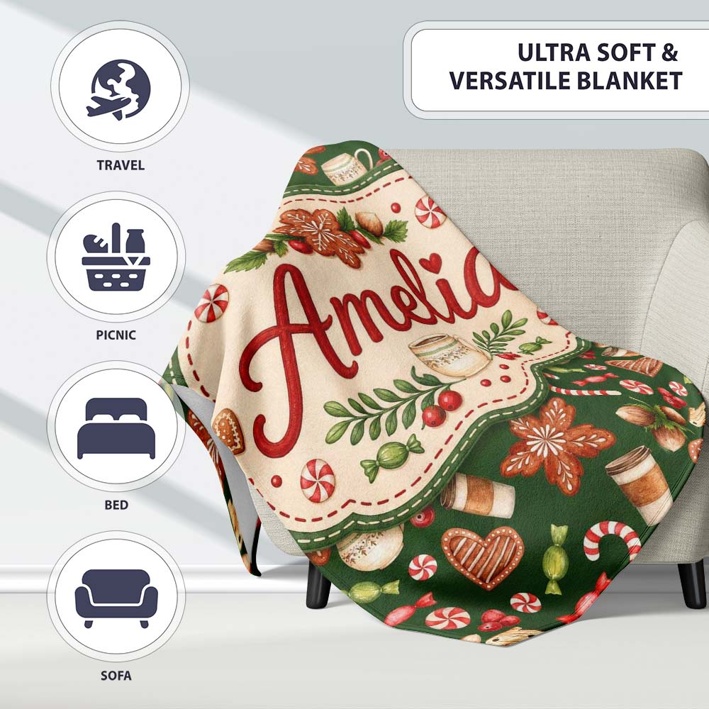 Watercolor Christmas Coffee Cookie Candy Cane Seamless Pattern  Personalised Custom Name Super Soft Fleece Blanket Bed Sofa Throw