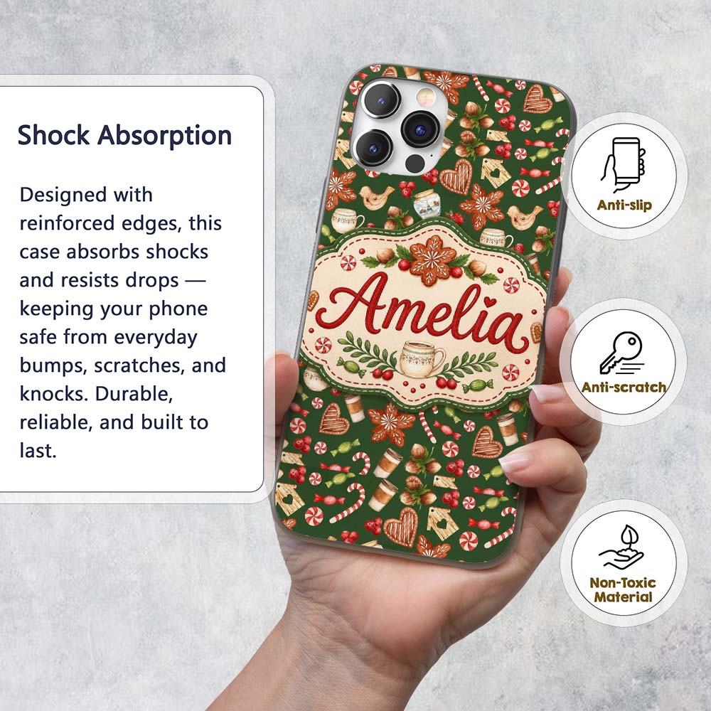 Watercolor Christmas Coffee Cookie Candy Cane Custom Name Protective Phone Case Mobile Cover Durable Everyday Smartphone Shock Resistant