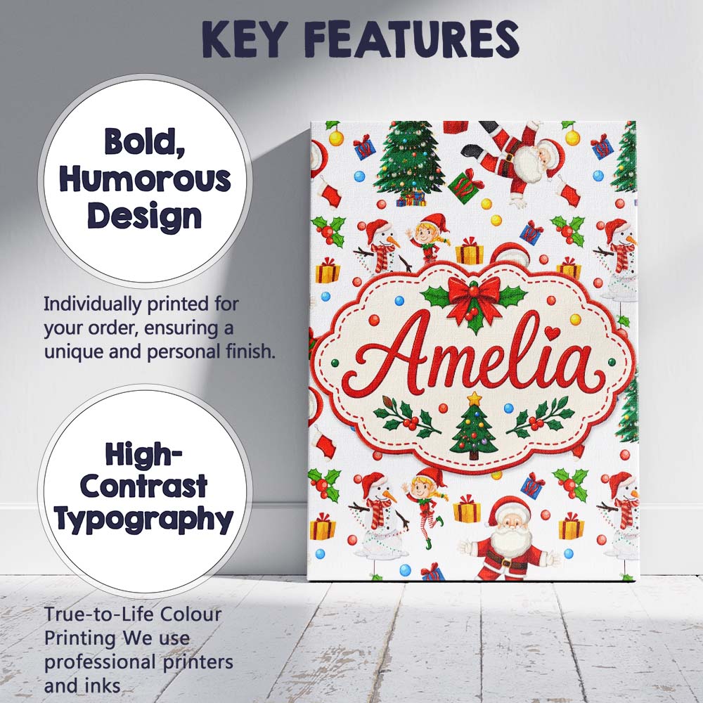 Personalised Name Cute Santa Snowman Elf Custom  Unique Gift Idea Elegant Feature Canvas Wall Art Print Decor Picture Ready to Hang