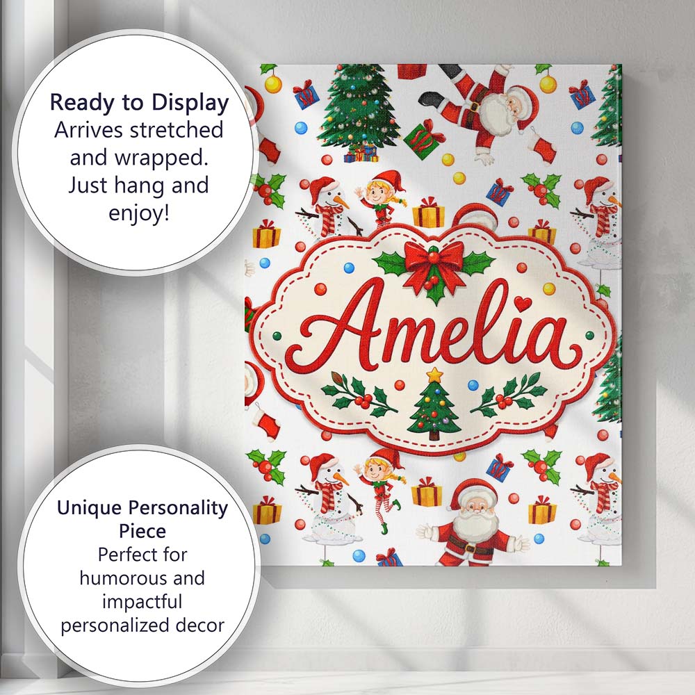 Personalised Name Cute Santa Snowman Elf Custom  Unique Gift Idea Elegant Feature Canvas Wall Art Print Decor Picture Ready to Hang