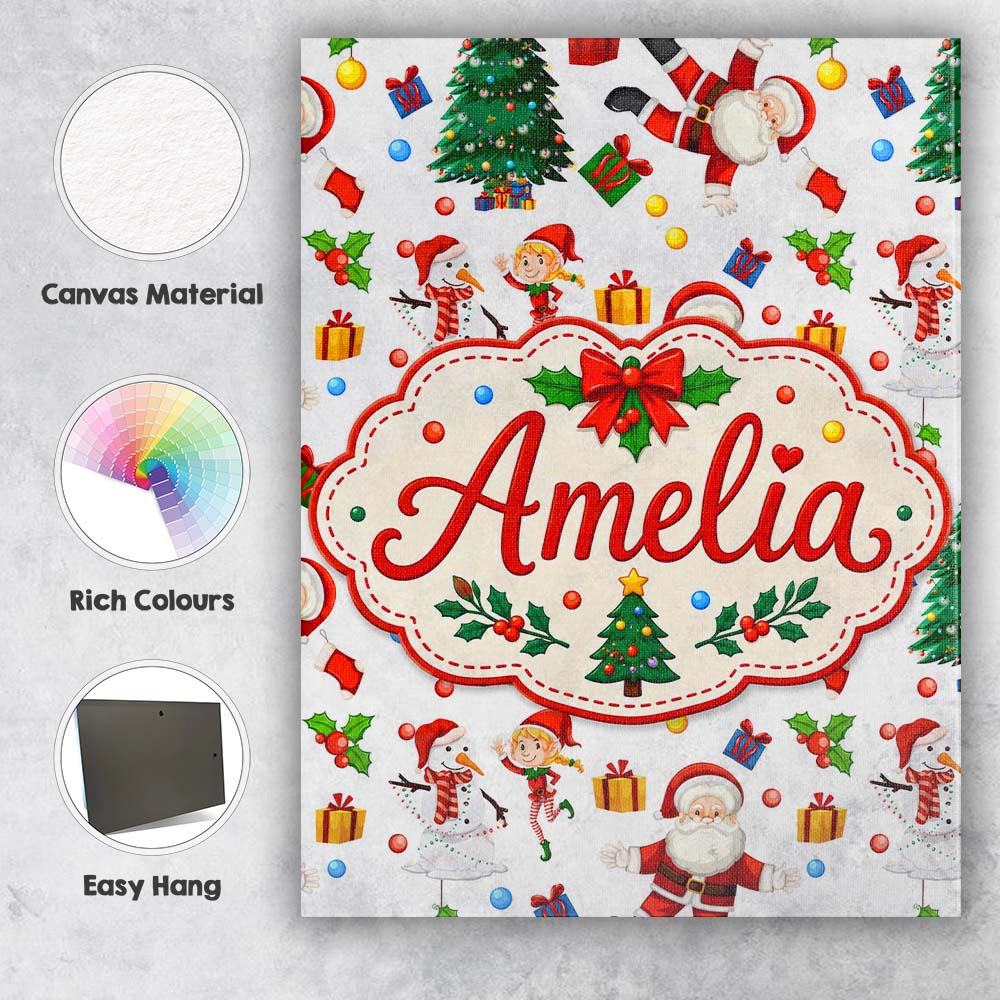 Personalised Name Cute Santa Snowman Elf Custom  Unique Gift Idea Elegant Feature Canvas Wall Art Print Decor Picture Ready to Hang