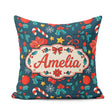 Custom Name Festive Poinsettia Candy Cane Holly Seamless Pattern Square Filled Cushion Throw Pillow Sofa Bed Home Decor Zip Washable UK Made