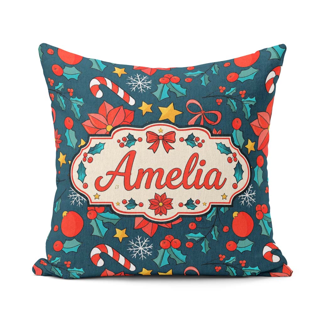 Custom Name Festive Poinsettia Candy Cane Holly Seamless Pattern Square Filled Cushion Throw Pillow Sofa Bed Home Decor Zip Washable UK Made