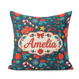 Custom Name Festive Poinsettia Candy Cane Holly Seamless Pattern Square Filled Cushion Throw Pillow Sofa Bed Home Decor Zip Washable UK Made
