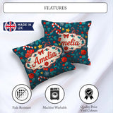 Custom Name Festive Poinsettia Candy Cane Holly Seamless Pattern Square Filled Cushion Throw Pillow Sofa Bed Home Decor Zip Washable UK Made