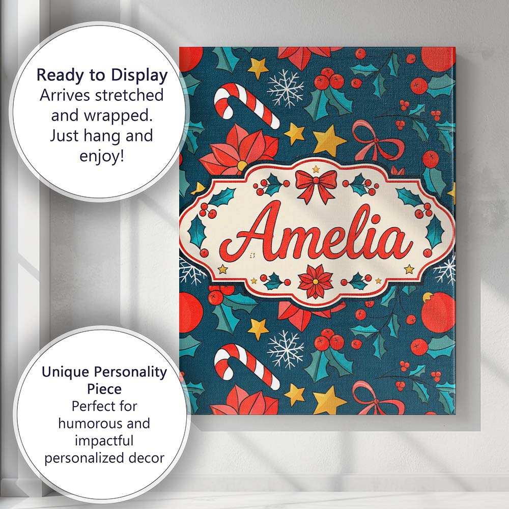 Personalised Name Festive Poinsettia Candy Custom  Unique Gift Idea Elegant Feature Canvas Wall Art Print Decor Picture Ready to Hang