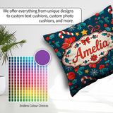 Custom Name Festive Poinsettia Candy Cane Holly Seamless Pattern Square Filled Cushion Throw Pillow Sofa Bed Home Decor Zip Washable UK Made