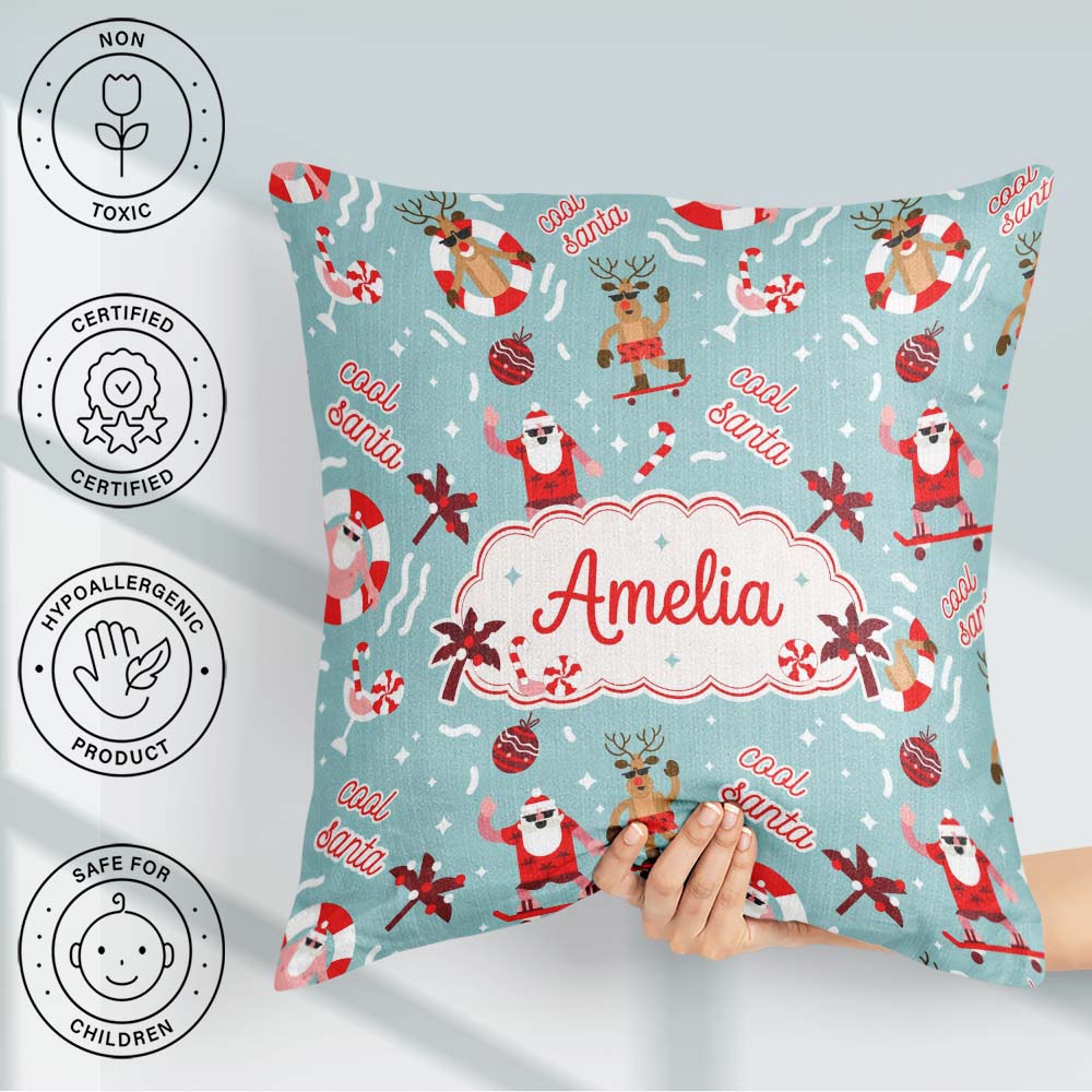 Custom Name Santa Reindeer Skateboard Christmas Seamless Pattern Square Filled Cushion Throw Pillow Sofa Bed Home Decor Zip Washable UK Made
