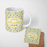Personalized Custom Name Playful Lemon Citrus and Leaves Repeat Pattern on Cream Background 11oz Ceramic Coffee Tea Mug White Large Handle