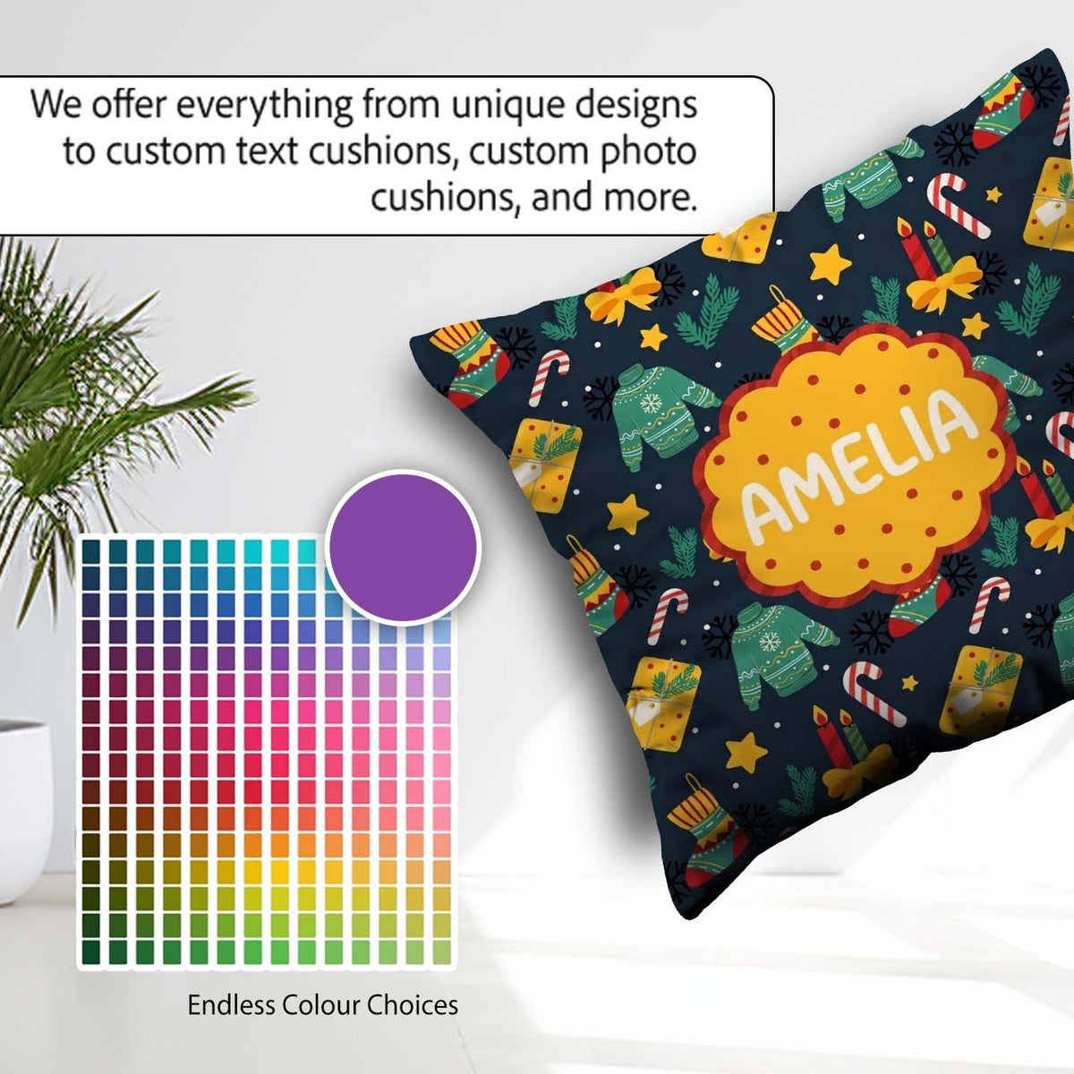 Custom Name Christmas Sweater Candle Candy Cane Seamless Pattern Square Filled Cushion Throw Pillow Sofa Bed Home Decor Zip Washable UK Made