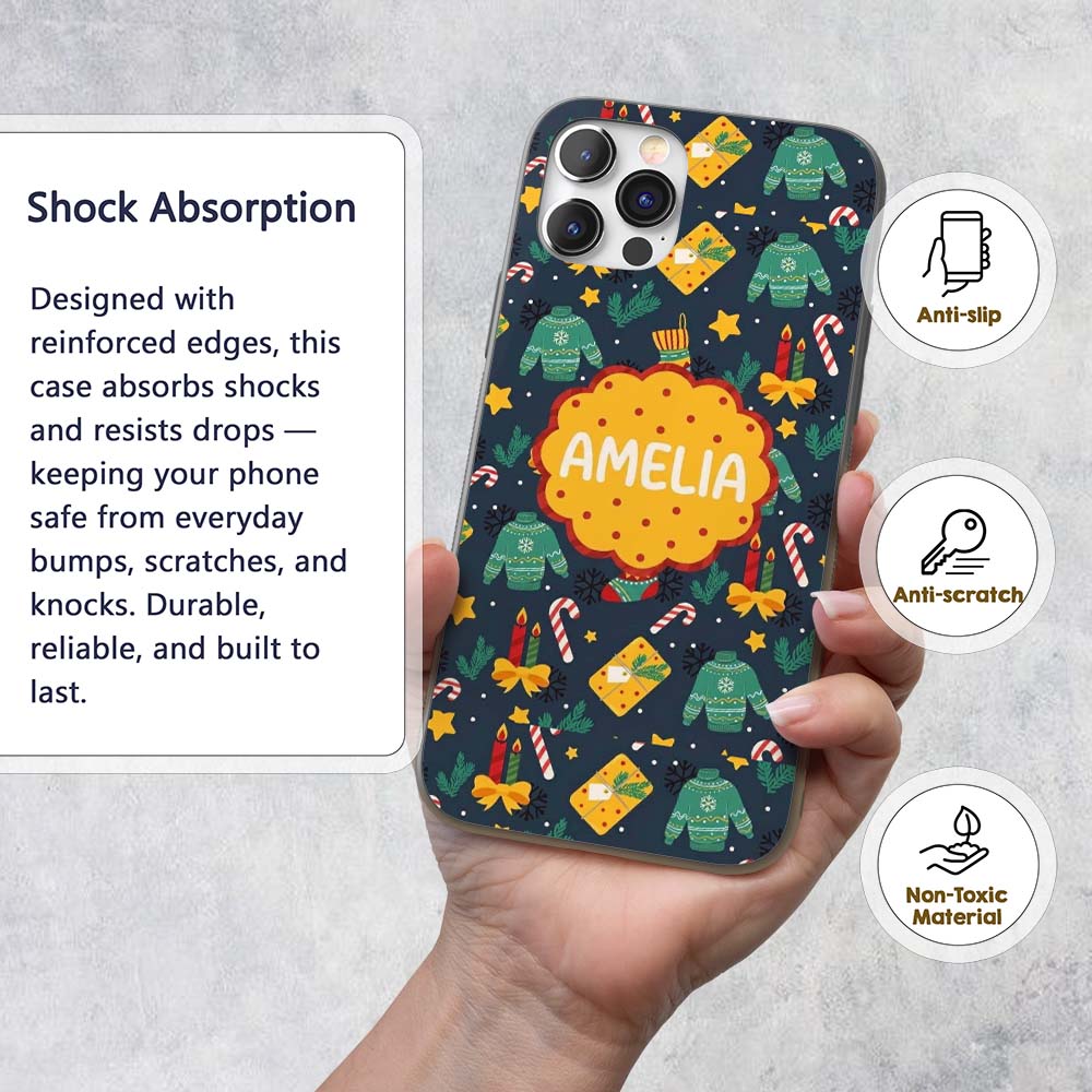 Christmas Sweater Candle Gift Candy Cane Seamless Custom Name Protective Phone Case Mobile Cover Durable Everyday Smartphone Shock Resistant