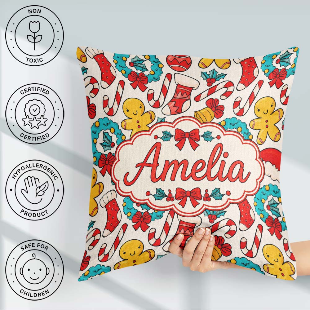 Custom Name Cute Gingerbread Candy Cane Wreath Stocking Seamless Square Filled Cushion Throw Pillow Sofa Bed Home Decor Zip Washable UK Made