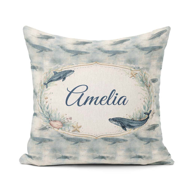 Custom Name Deep Teal Whale Seamless Pattern Marine Animal Ocean Square Filled Cushion Throw Pillow Sofa Bed Home Decor Zip Washable UK Made