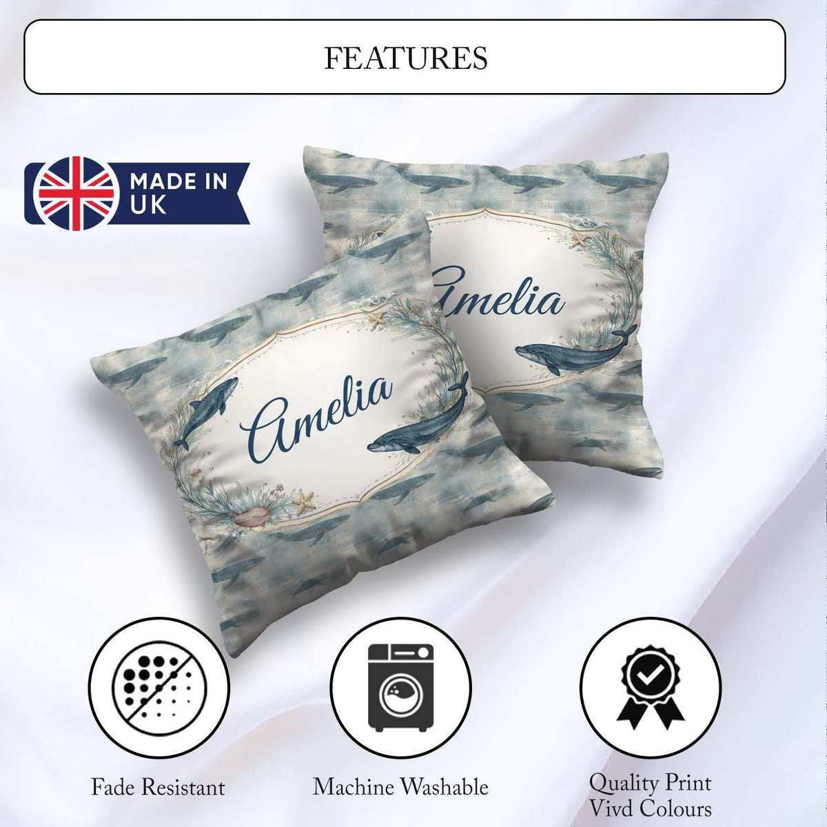 Custom Name Deep Teal Whale Seamless Pattern Marine Animal Ocean Square Filled Cushion Throw Pillow Sofa Bed Home Decor Zip Washable UK Made