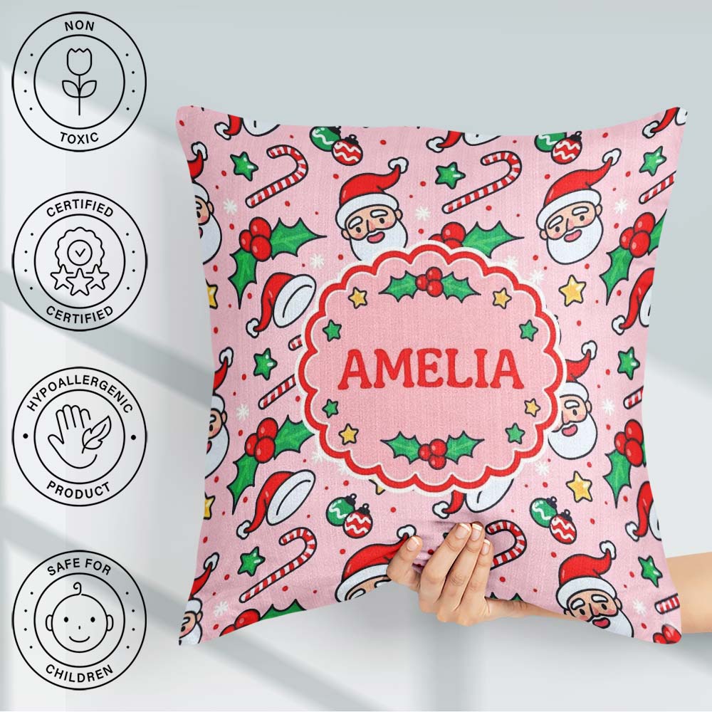 Custom Name Santa Face Candy Cane Holly Berry Seamless Pattern Square Filled Cushion Throw Pillow Sofa Bed Home Decor Zip Washable UK Made