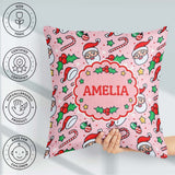 Custom Name Santa Face Candy Cane Holly Berry Seamless Pattern Square Filled Cushion Throw Pillow Sofa Bed Home Decor Zip Washable UK Made