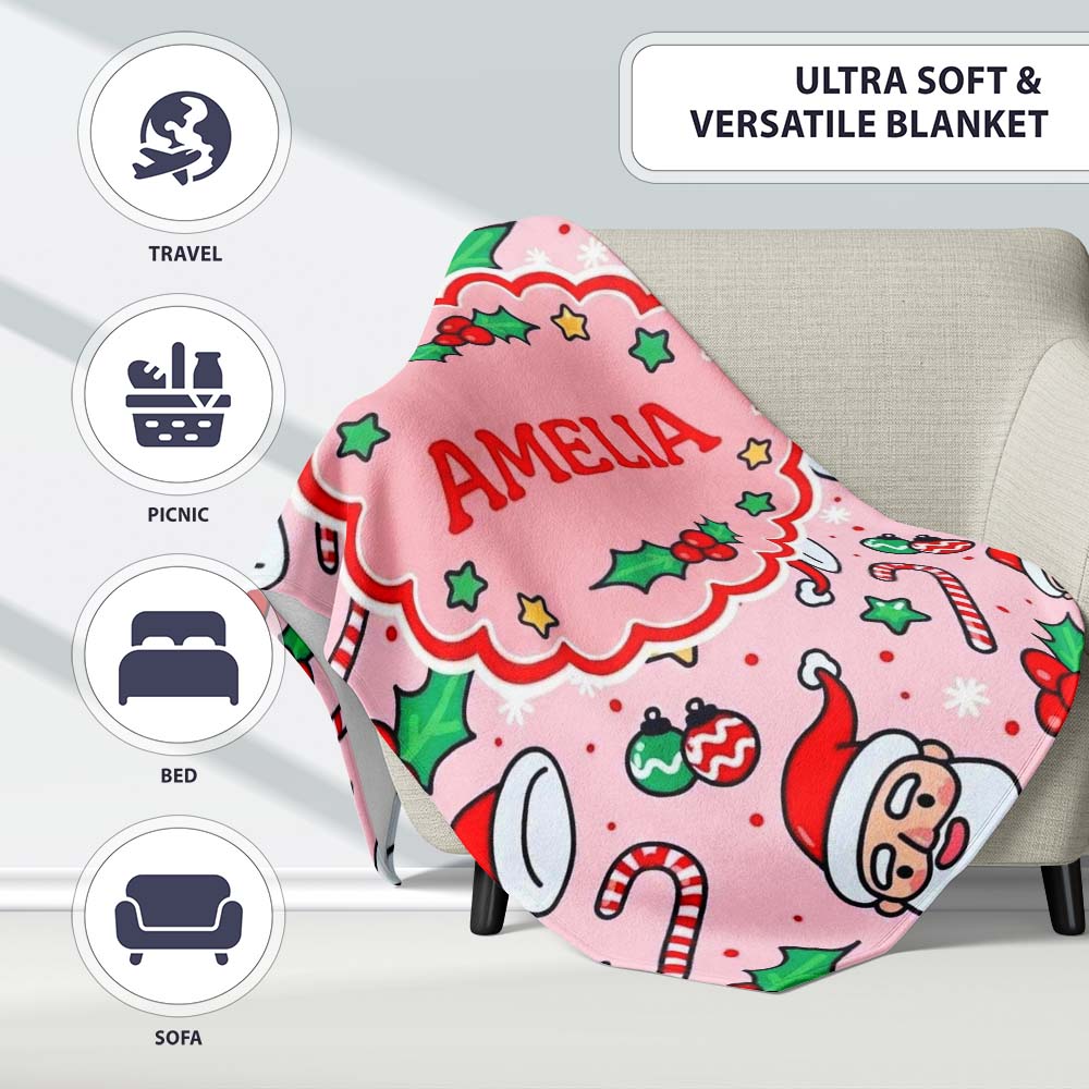 Cute Santa Face Candy Cane Holly Berry Seamless Pattern Lovely  Personalised Custom Name Super Soft Fleece Blanket Bed Sofa Throw