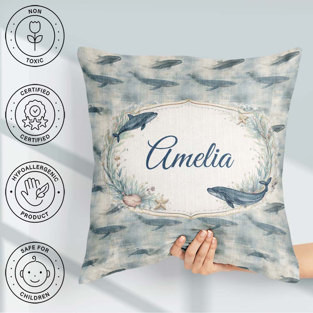 Custom Name Deep Teal Whale Seamless Pattern Marine Animal Ocean Square Filled Cushion Throw Pillow Sofa Bed Home Decor Zip Washable UK Made