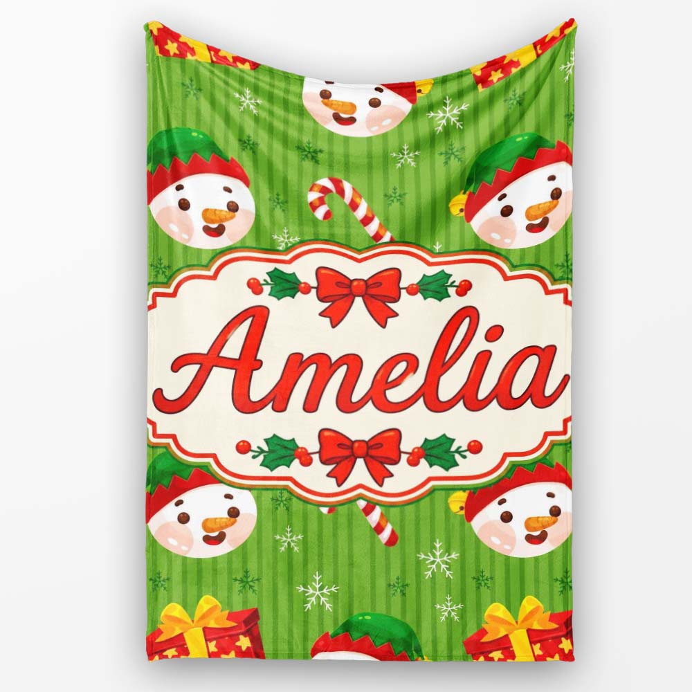 Cute Snowman Candy Cane Gift Box Green Stripe Seamless Pattern  Personalised Custom Name Super Soft Fleece Blanket Bed Sofa Throw