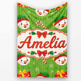 Cute Snowman Candy Cane Gift Box Green Stripe Seamless Pattern  Personalised Custom Name Super Soft Fleece Blanket Bed Sofa Throw